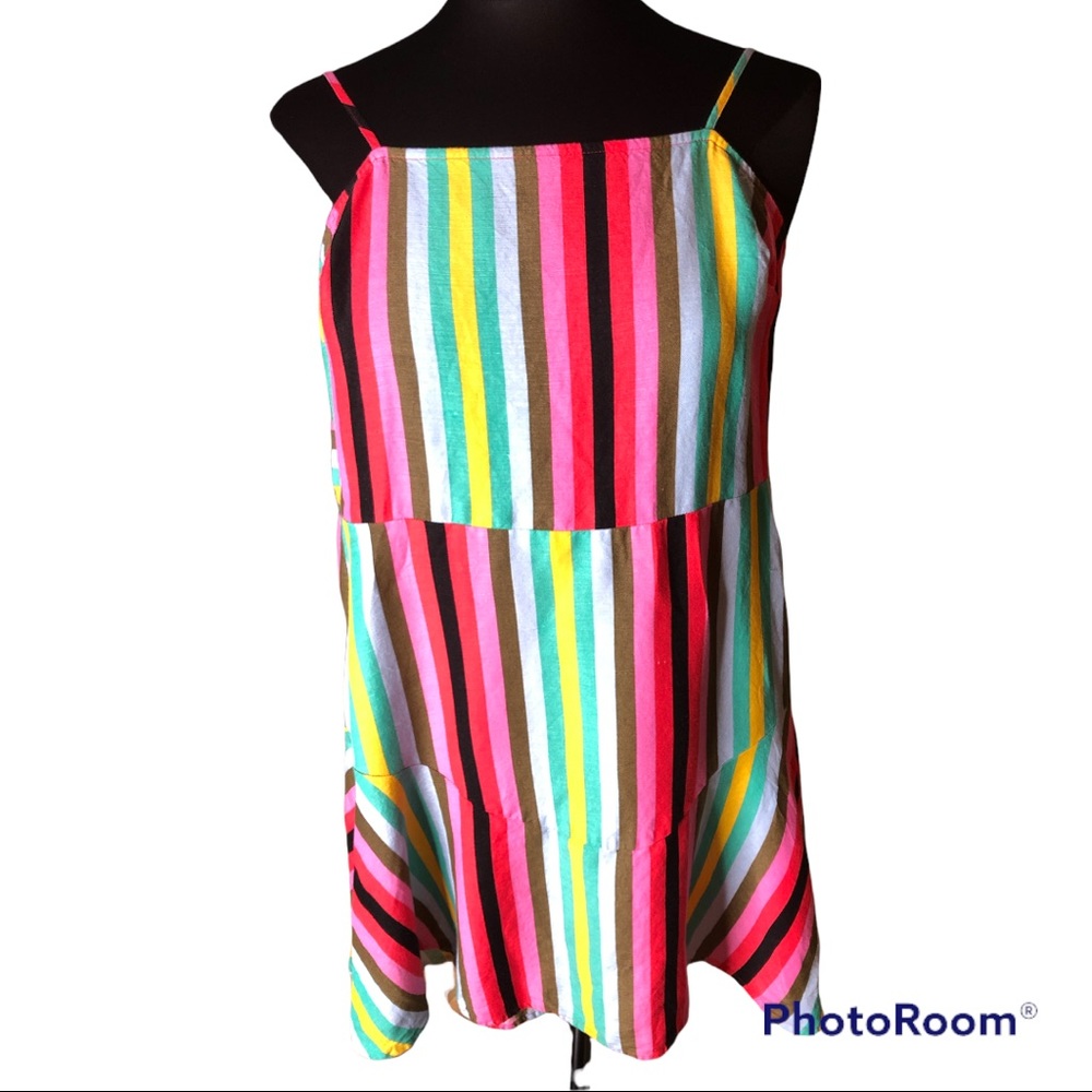 linen bold striped swing dress with open tie back size XS Express